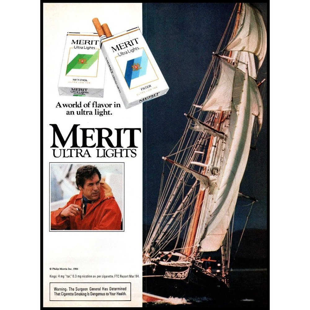 1985 Merit Cigarettes Vintage Print Ad Ocean Sailing Clipper Schooner Wall Art